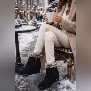 ✨ JustFab Black Wedge Boots Faux Fur Cozy Winter Chic Zip Size 7.5 ✨